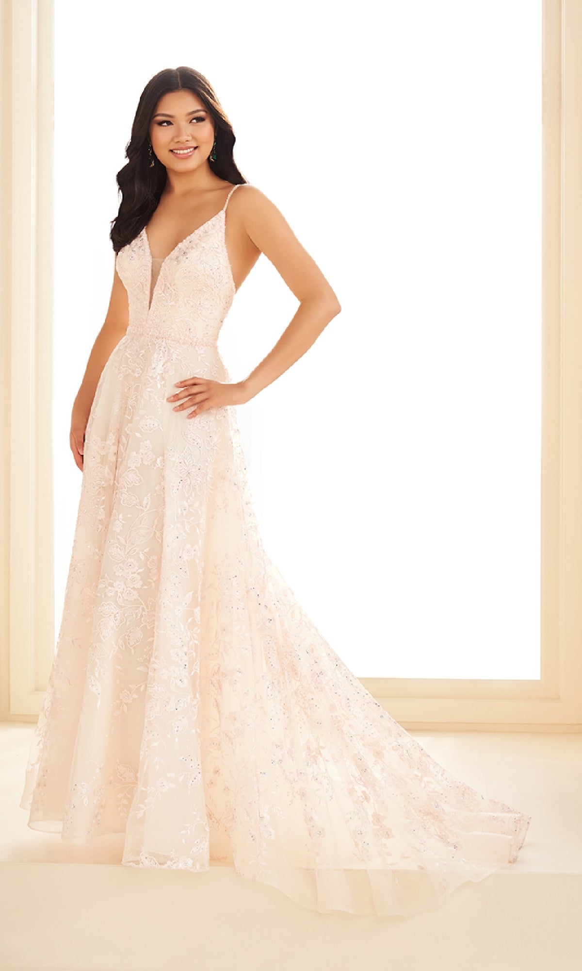 A woman stands in front of bright windows wearing the Ellie Wilde EW36088 long prom dress—light pink, sleeveless, floor-length with lace details, a deep V-neckline, an elegant A-line skirt, and pockets.